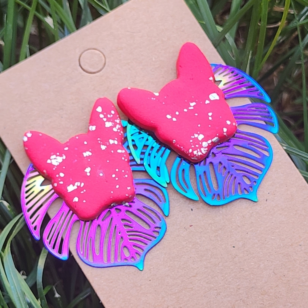 French Bulldog Monstera Earrings